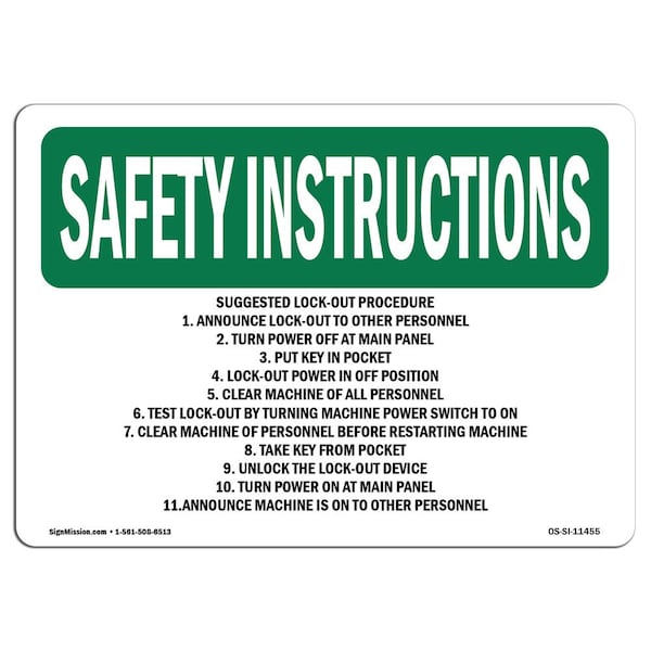 Signmission OSHA Sign, Suggested Lock-Out Procedure 1. Announce, 10in X 7in Alum, 7" W, 10" L, Landscape OS-SI-A-710-L-11455 - main